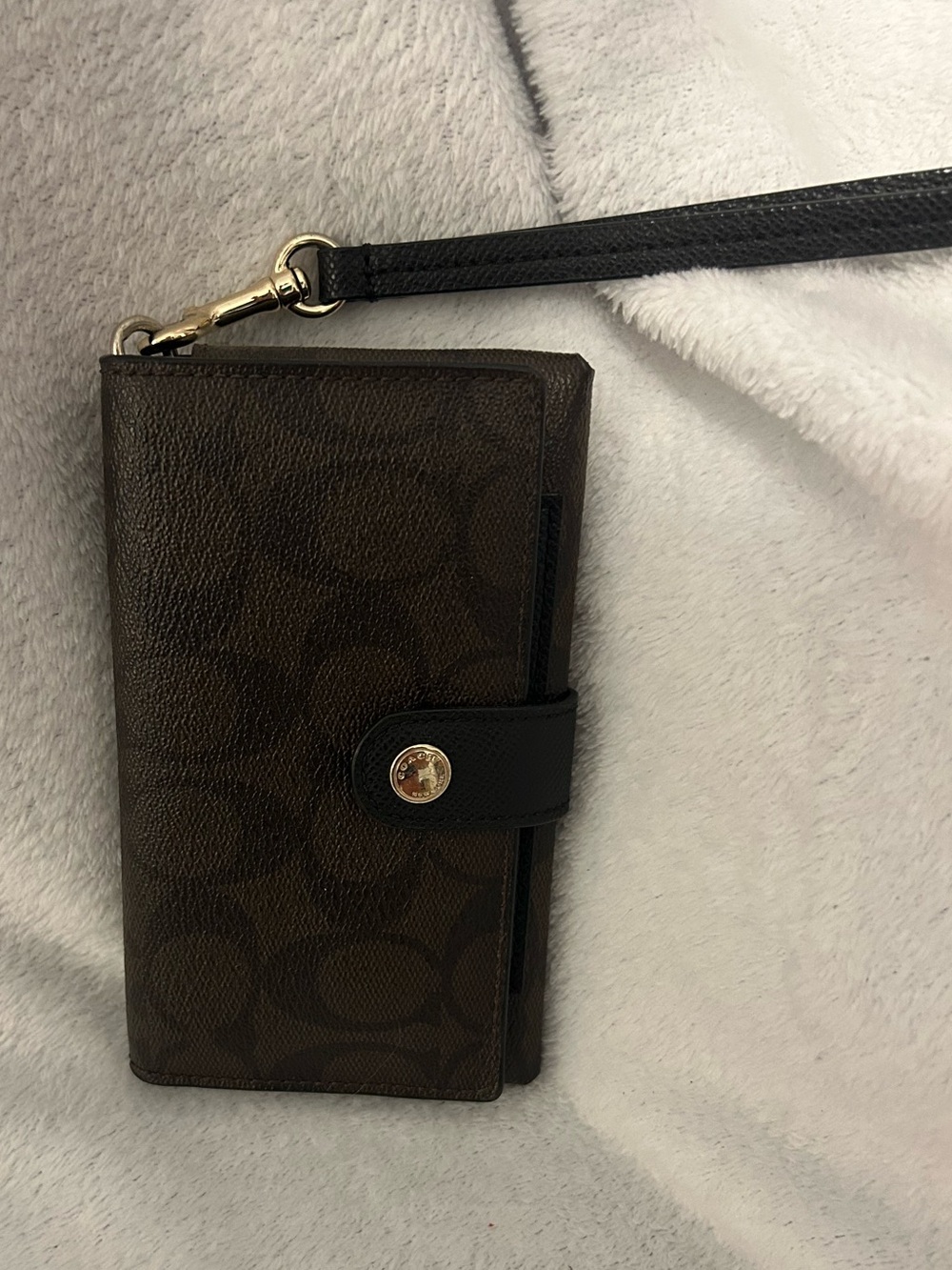 Coach Dark Brown Signature Wristlet with Black Strap